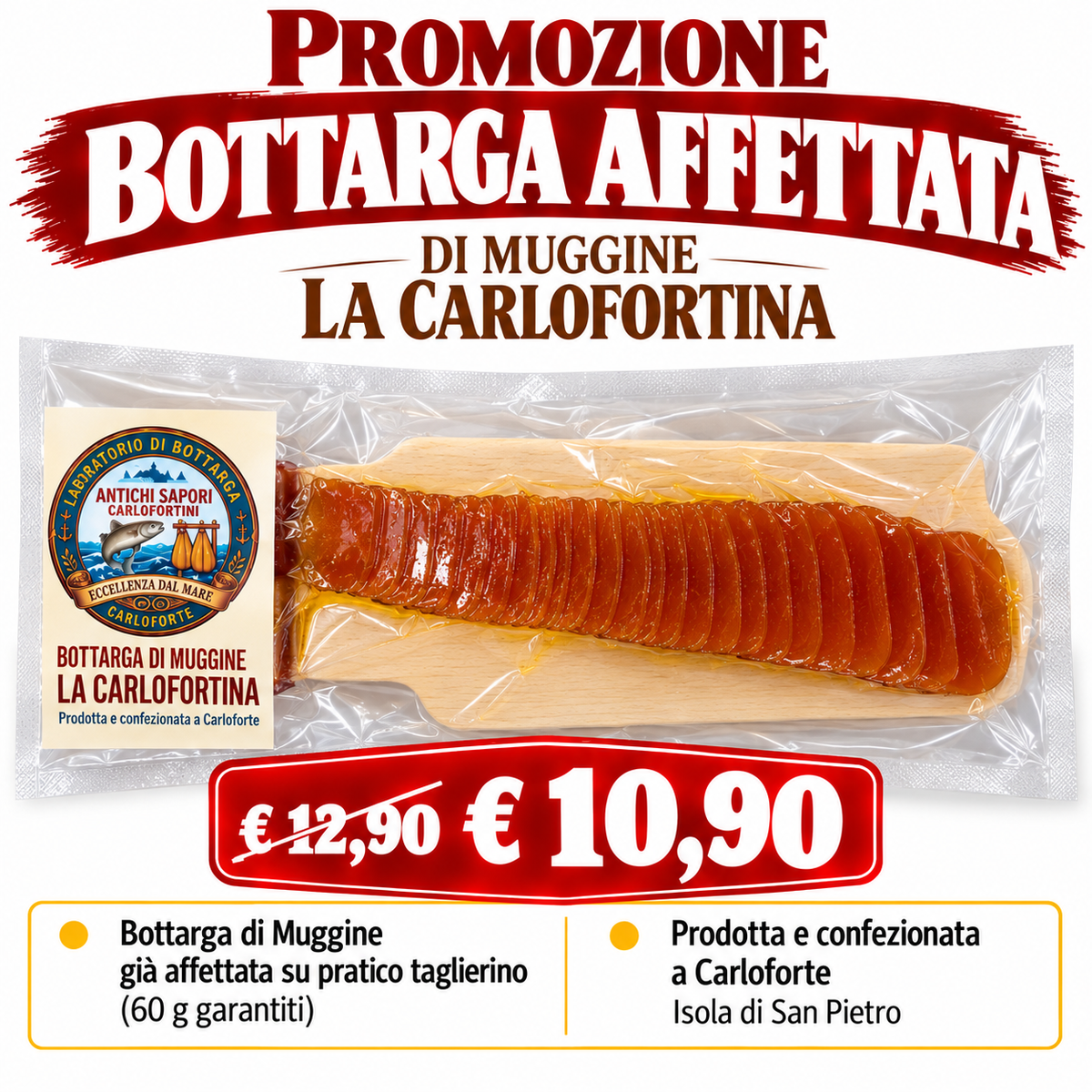 Poutargue de mulet tranchée sur planche à découper — La Carlofortina