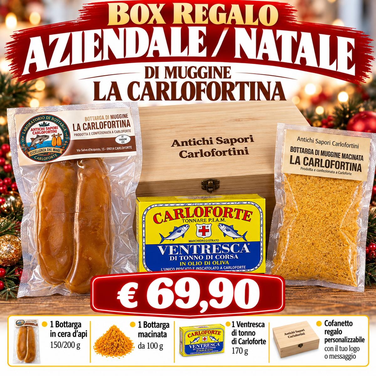 Coffret Cadeau Entreprise/Noël Carloforte — Boutargue à la cire, râpée et ventrêche