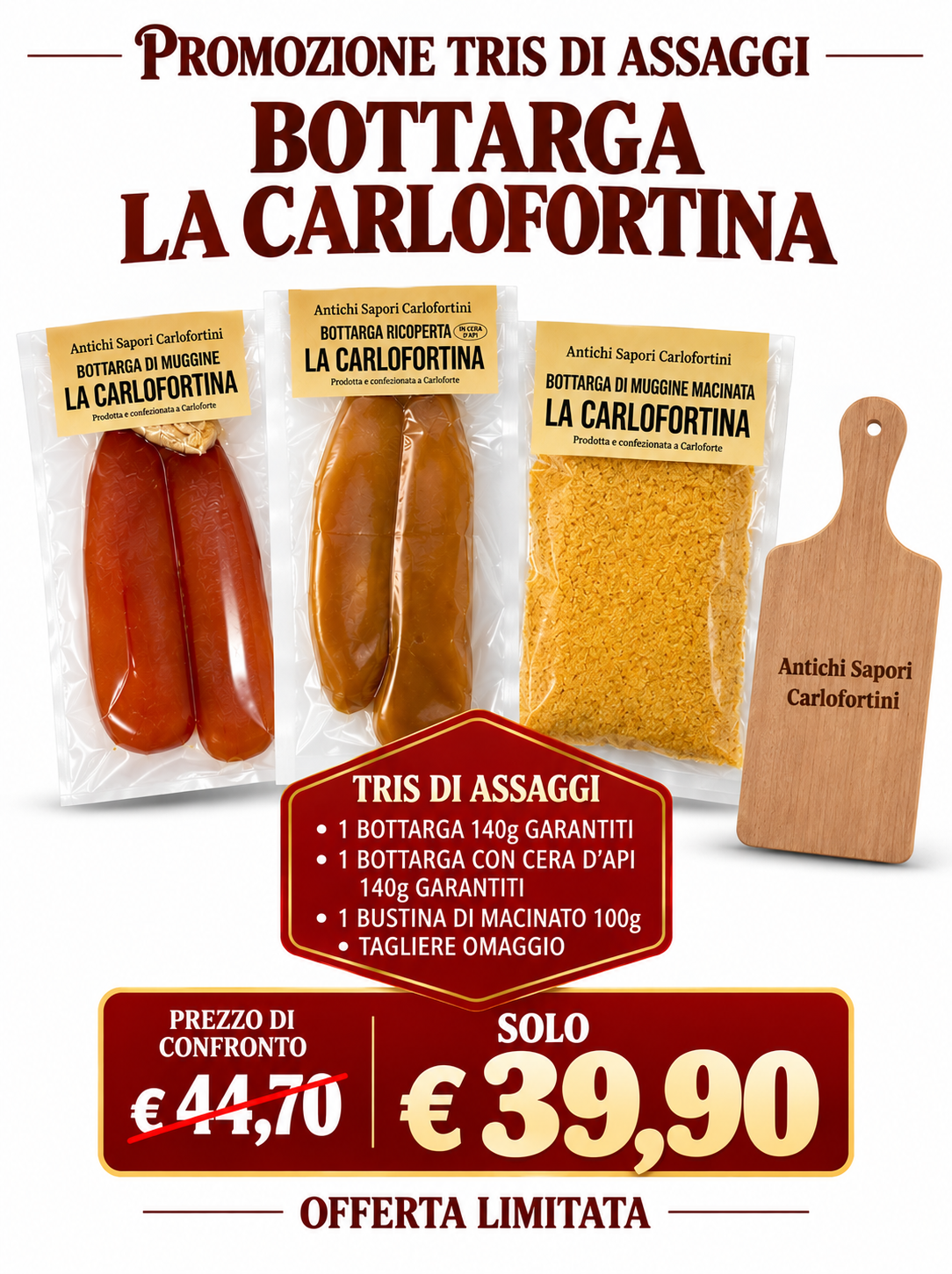 Trio de boutargue La Carlofortina avec planche à découper offerte